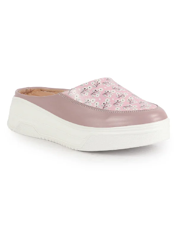 Women's casual slip - on shoes for easy wear Women Peach Stiched Floral Print Back Open Height Enhancer Flatform Heel Slip On Casual Shoes