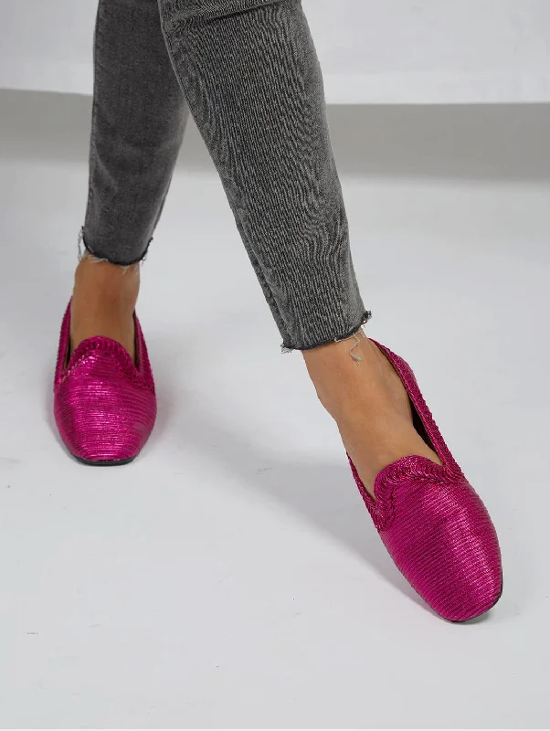 Women's Embroidered Floral Pattern Loafers in Beige for a Spring - Inspired Outfit NY Metallic Vegan Loafers | Fuchsia Women's Embroidered Floral Pattern Loafers in Beige for a Spring - Inspired Outfit NY Metallic Vegan Loafers | Fuchsia