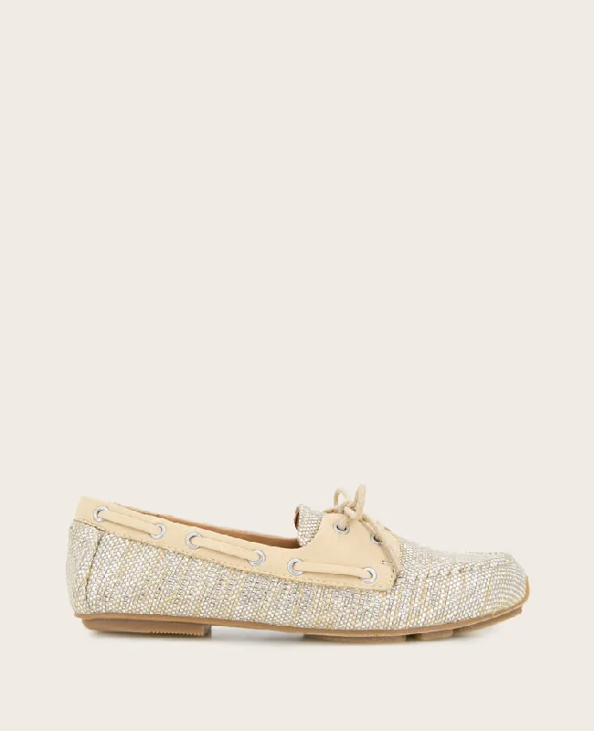 Women's Embroidered Floral Pattern Loafers in Beige for a Spring - Inspired Outfit GENTLE SOULS - Marina Metallic Fabric Boat Shoe Women's Embroidered Floral Pattern Loafers in Beige for a Spring - Inspired Outfit GENTLE SOULS - Marina Metallic Fabric Boat Shoe