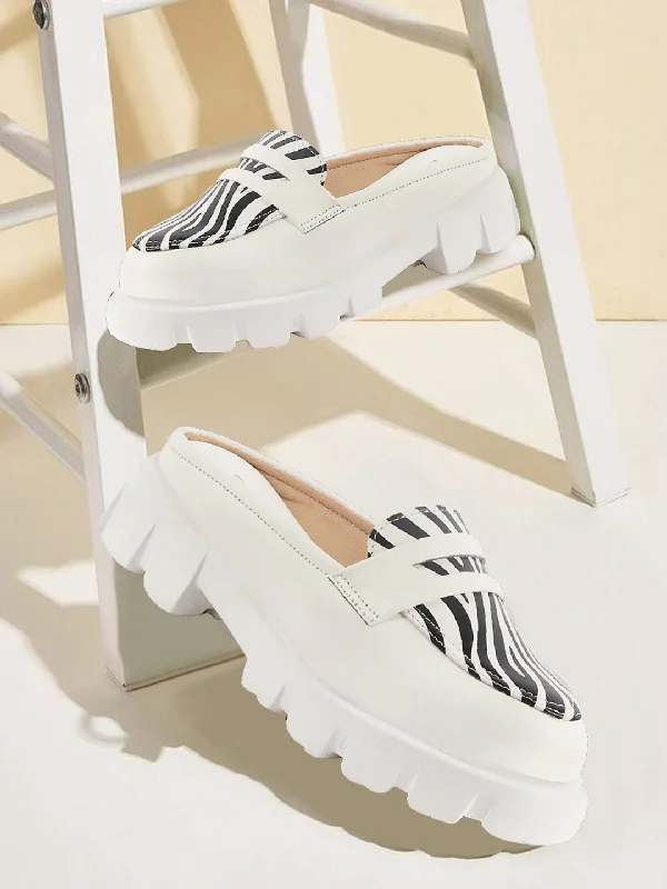 Women's casual shoes with polka - dot patterns for a fun look Women White Stiched Zebra Striped Print Back Open Party Slip On Casual Shoes Women's casual shoes with polka - dot patterns for a fun look Women White Stiched Zebra Striped Print Back Open Party Slip On Casual Shoes