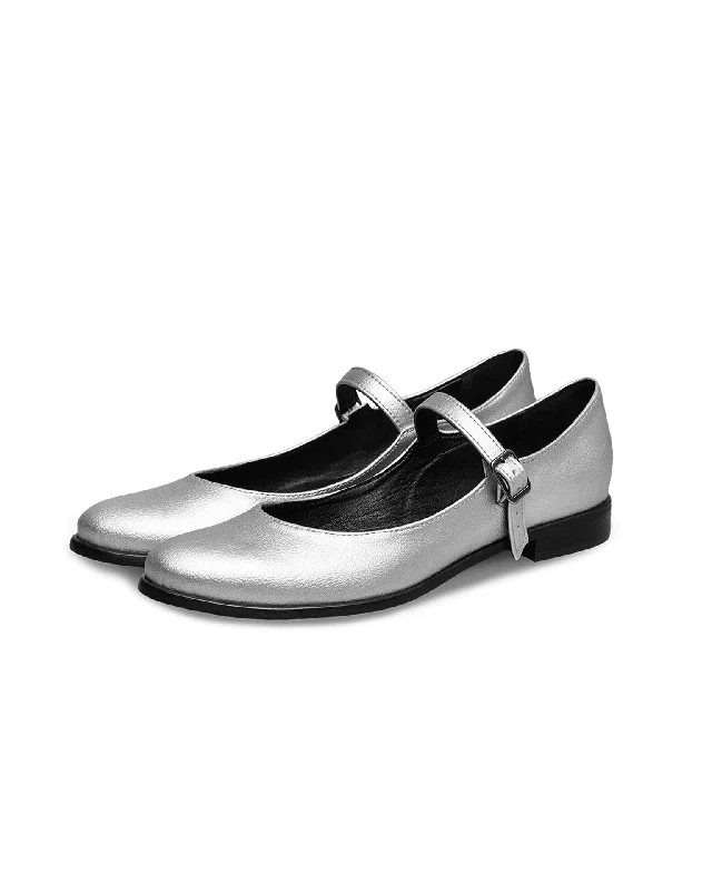 Women's casual sandals for warm - weather outings Mary Jane Pumps Silver ballerinas made of Vegea grape leather Women's casual sandals for warm - weather outings Mary Jane Pumps Silver ballerinas made of Vegea grape leather