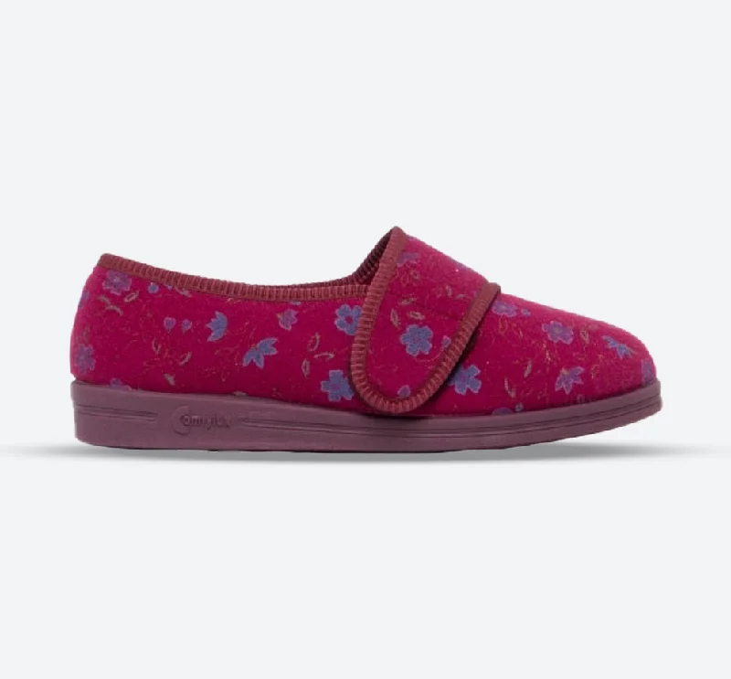 Women's Leather Slippers with a Hand - Stitched Design in Burgundy for Durability Womens Wide Fit Comfylux Sally Slippers