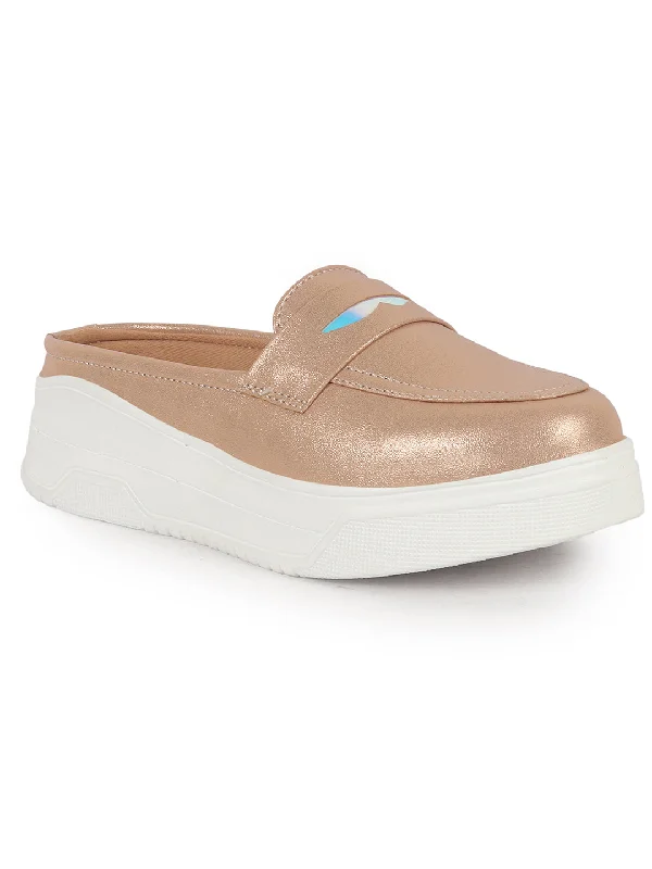 Women's casual canvas shoes for a laid - back look Women Rose Gold Classic Comfort Height Enhancer Shiny Glitter Back Open Slip On Mule Shoes|Casual Slip On Walking Shoe