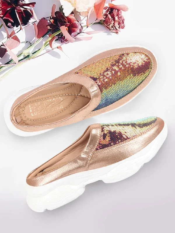 Women's casual shoes for walking long distances Women Golden Back Open Embellished Slip On Mules Women's casual shoes for walking long distances Women Golden Back Open Embellished Slip On Mules