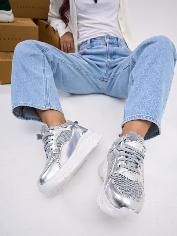 Women's casual shoes with glitter accents for a touch of glamour Women Silver Embellished Sporty Design Fashion Stylish Lace Up Sneakers Shoes Women's casual shoes with glitter accents for a touch of glamour Women Silver Embellished Sporty Design Fashion Stylish Lace Up Sneakers Shoes