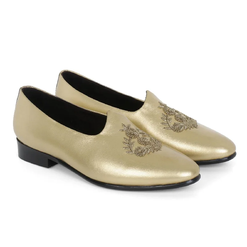 Slip - Resistant Women's Rubber - Sole Loafers in Navy for Wet ConditionsAnza Gold Hand-Embroidered Ethnic Slip-Ons Slip - Resistant Women's Rubber - Sole Loafers in Navy for Wet ConditionsAnza Gold Hand-Embroidered Ethnic Slip-Ons