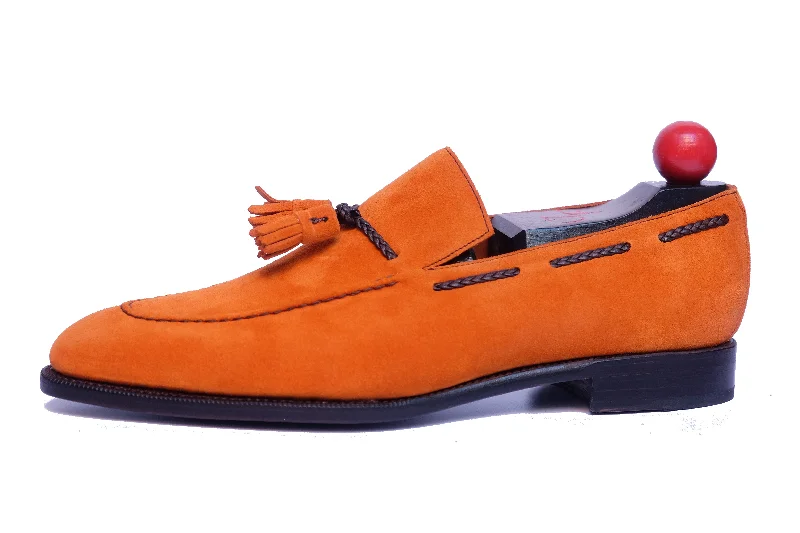 Women's Tassel - Trimmed Loafers with a Low Heel in Olive Green for a Trendy TwistEskapa - MTO - Orange Suede / Black Stitching - LPB Last - Single Leather Sole Women's Tassel - Trimmed Loafers with a Low Heel in Olive Green for a Trendy TwistEskapa - MTO - Orange Suede / Black Stitching - LPB Last - Single Leather Sole