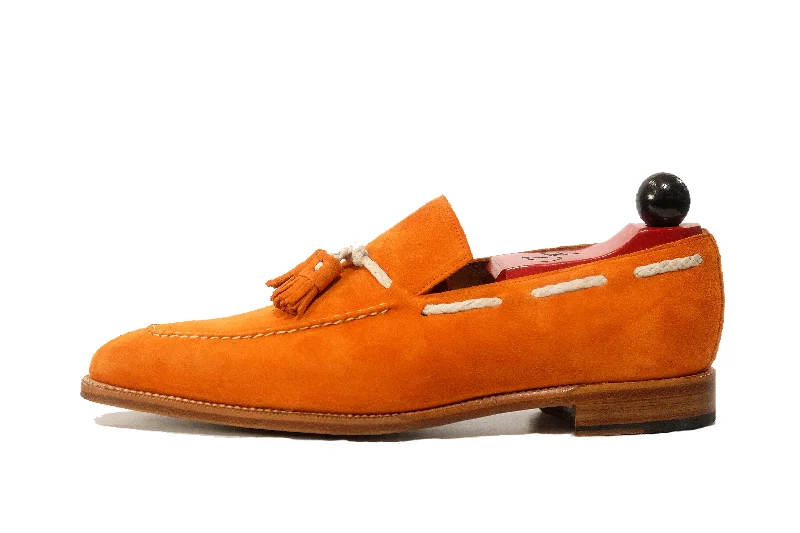 Women's Geometric - Patterned Loafers in Multicolor for a Fashion - Forward LookEskapa - MTO - Orange Suede / Natural Stitching - LPB Last - Single Leather Sole Women's Geometric - Patterned Loafers in Multicolor for a Fashion - Forward LookEskapa - MTO - Orange Suede / Natural Stitching - LPB Last - Single Leather Sole