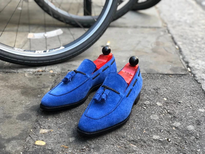 Slip - Resistant Women's Rubber - Sole Loafers in Navy for Wet ConditionsEskapa - MTO - Soft Blue Suede - LPB Last - Single Leather Sole Slip - Resistant Women's Rubber - Sole Loafers in Navy for Wet ConditionsEskapa - MTO - Soft Blue Suede - LPB Last - Single Leather Sole
