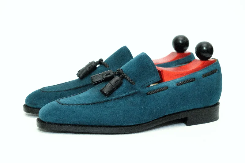 Women's Metallic Foil - Finish Loafers in Gold for a Glamorous Night OutEskapa - MTO - Teal Suede / Black Tassel - LPB Last - Single Leather Sole Women's Metallic Foil - Finish Loafers in Gold for a Glamorous Night OutEskapa - MTO - Teal Suede / Black Tassel - LPB Last - Single Leather Sole