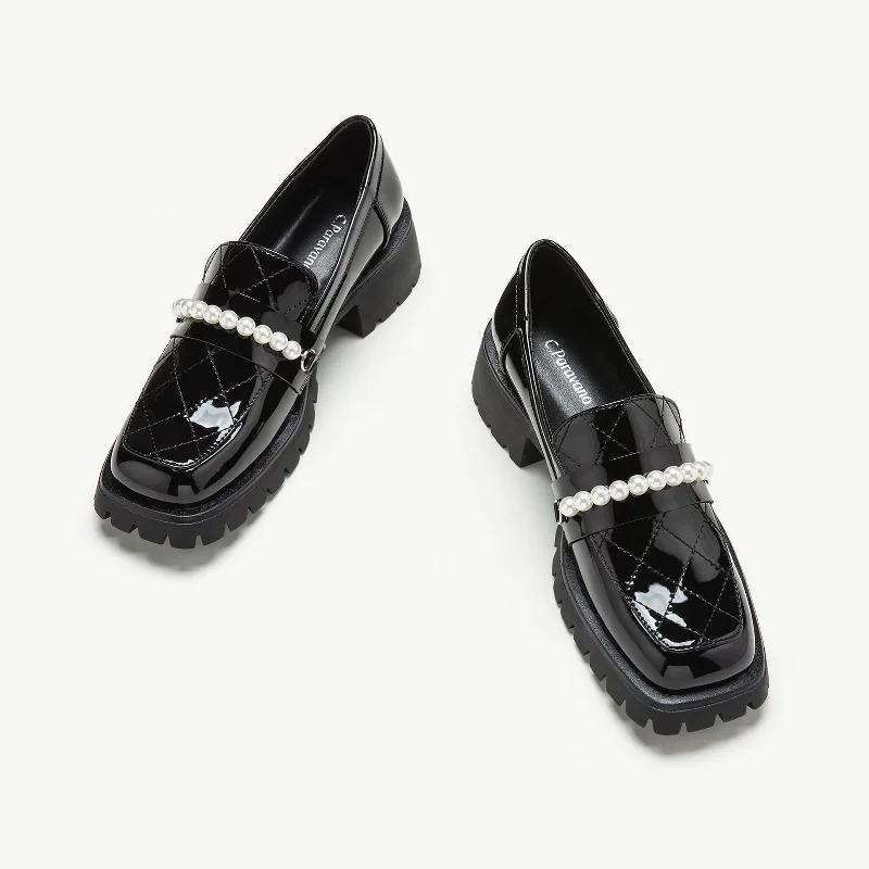 Women's Embroidered Floral Pattern Loafers in Beige for a Spring - Inspired OutfitPearl Chain Platform Loafers (Monica) Women's Embroidered Floral Pattern Loafers in Beige for a Spring - Inspired OutfitPearl Chain Platform Loafers (Monica)