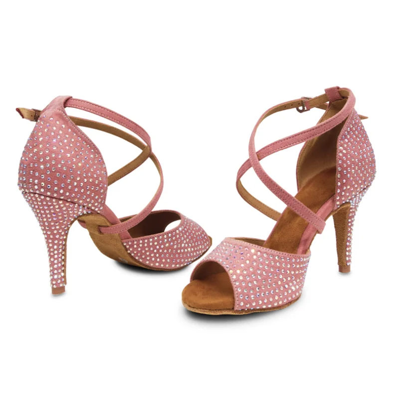 Women's Lace - Up Latin Dance Shoes in Coral with Shock - Absorbing InsolesDS Women's Suede Rhinestone Customized Heel Latin Shoes/Salsa Shoes/Tango Shoes Women's Lace - Up Latin Dance Shoes in Coral with Shock - Absorbing InsolesDS Women's Suede Rhinestone Customized Heel Latin Shoes/Salsa Shoes/Tango Shoes