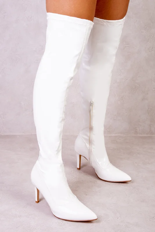 women's heeled boots in metallic finishesLEXI OVER THE KNEE BOOTS WITH STILETTO HEELS IN WHITE PATENT FAUX LEATHER women's heeled boots in metallic finishesLEXI OVER THE KNEE BOOTS WITH STILETTO HEELS IN WHITE PATENT FAUX LEATHER