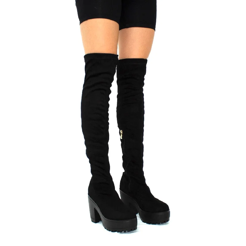 women's heeled boots with pointed toesAddison- Black Faux Suede with Black Chunky Sole Zip Up Thigh High Boots women's heeled boots with pointed toesAddison- Black Faux Suede with Black Chunky Sole Zip Up Thigh High Boots