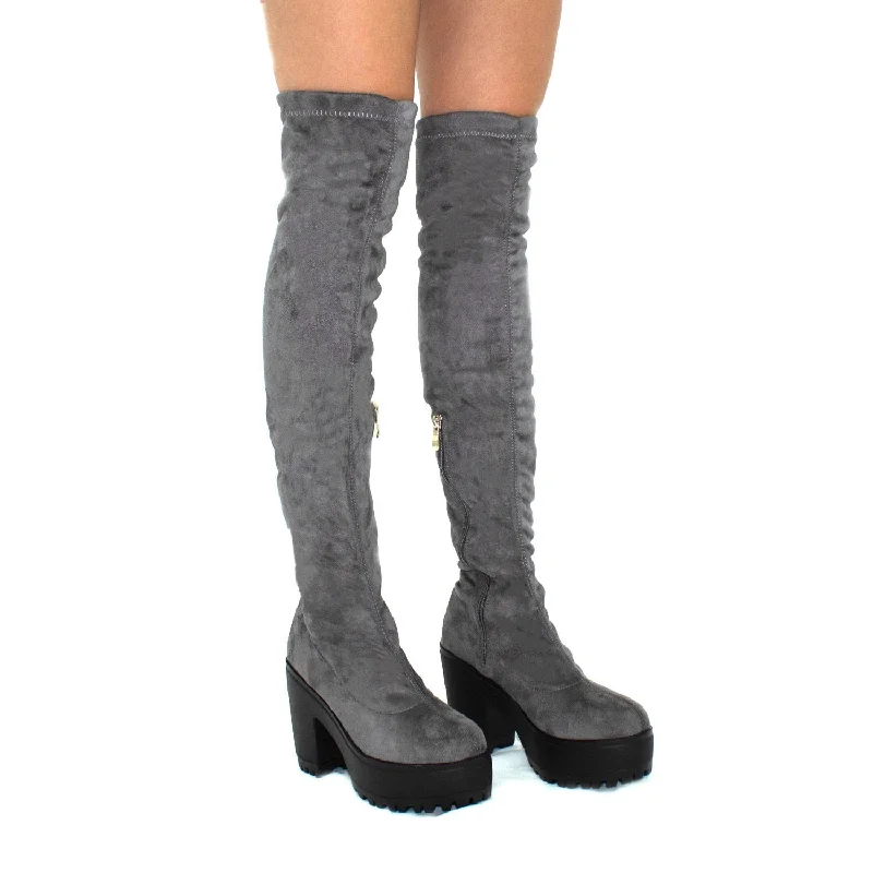 women's over-the-knee heeled bootsAddison- Grey Faux Suede with Black Chunky Sole Zip Up Thigh High Boots women's over-the-knee heeled bootsAddison- Grey Faux Suede with Black Chunky Sole Zip Up Thigh High Boots