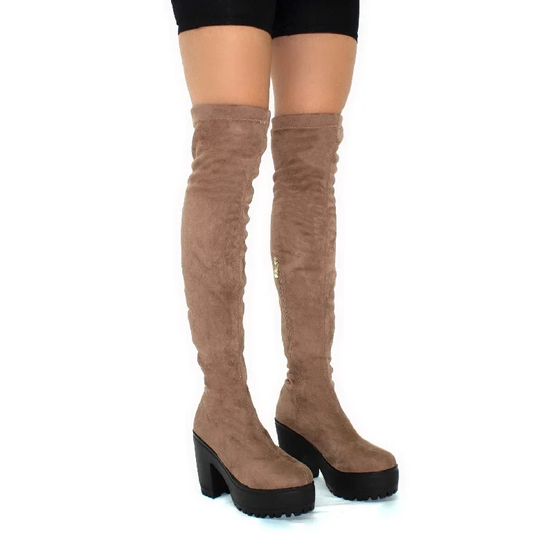 women's heeled riding bootsAddison- Mocha Faux Suede with Black Chunky Sole Zip Up Thigh High Boots women's heeled riding bootsAddison- Mocha Faux Suede with Black Chunky Sole Zip Up Thigh High Boots