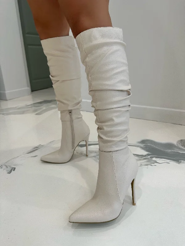 women's heeled boots with unique designsBliss - Cream Ruched Faux Leather Knee High Pointed Toe Heel Boots women's heeled boots with unique designsBliss - Cream Ruched Faux Leather Knee High Pointed Toe Heel Boots