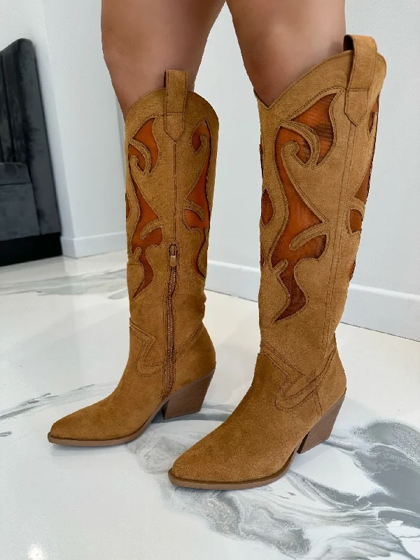 women's heeled boots for street styleDallas - Chestnut Suede with Mesh Detail Knee High Heeled Cow Boy Boots women's heeled boots for street styleDallas - Chestnut Suede with Mesh Detail Knee High Heeled Cow Boy Boots