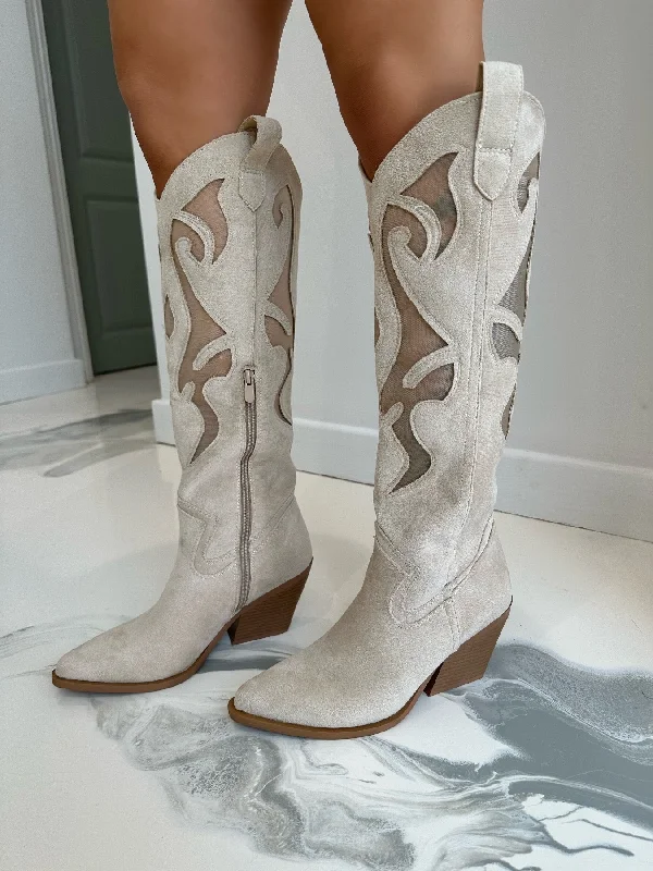 women's heeled boots for fashion-forward looksDallas - Cream Suede with Mesh Detail Knee High Heeled Cow Boy Boots women's heeled boots for fashion-forward looksDallas - Cream Suede with Mesh Detail Knee High Heeled Cow Boy Boots