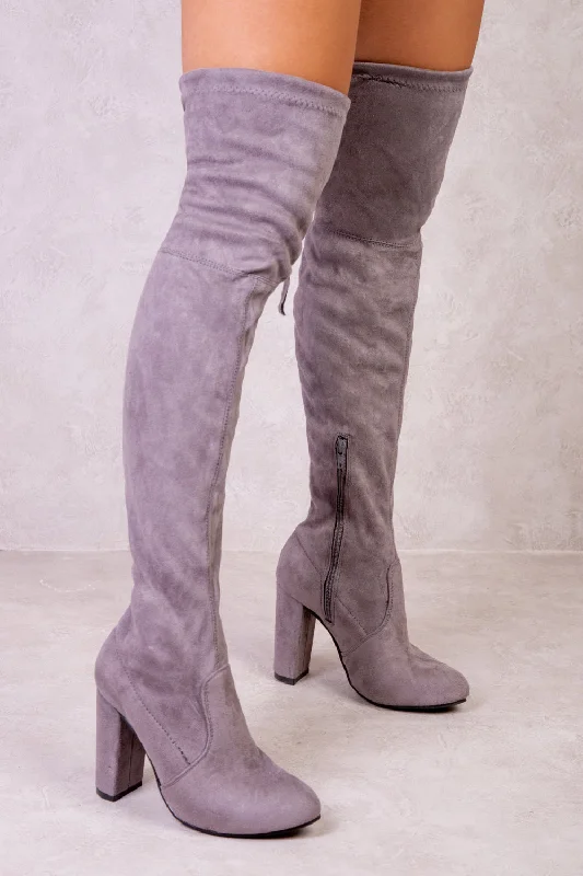 women's heeled boots for curvy figuresDIANE HIGH HEEL OVER THE KNEE BOOT WITH LACE UP DETAIL IN GREY SUEDE women's heeled boots for curvy figuresDIANE HIGH HEEL OVER THE KNEE BOOT WITH LACE UP DETAIL IN GREY SUEDE