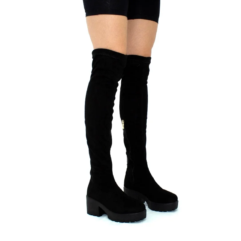 women's heeled boots for special occasionsElise- Black Faux Suede with Black Sole Zip Up Thigh High Boots women's heeled boots for special occasionsElise- Black Faux Suede with Black Sole Zip Up Thigh High Boots