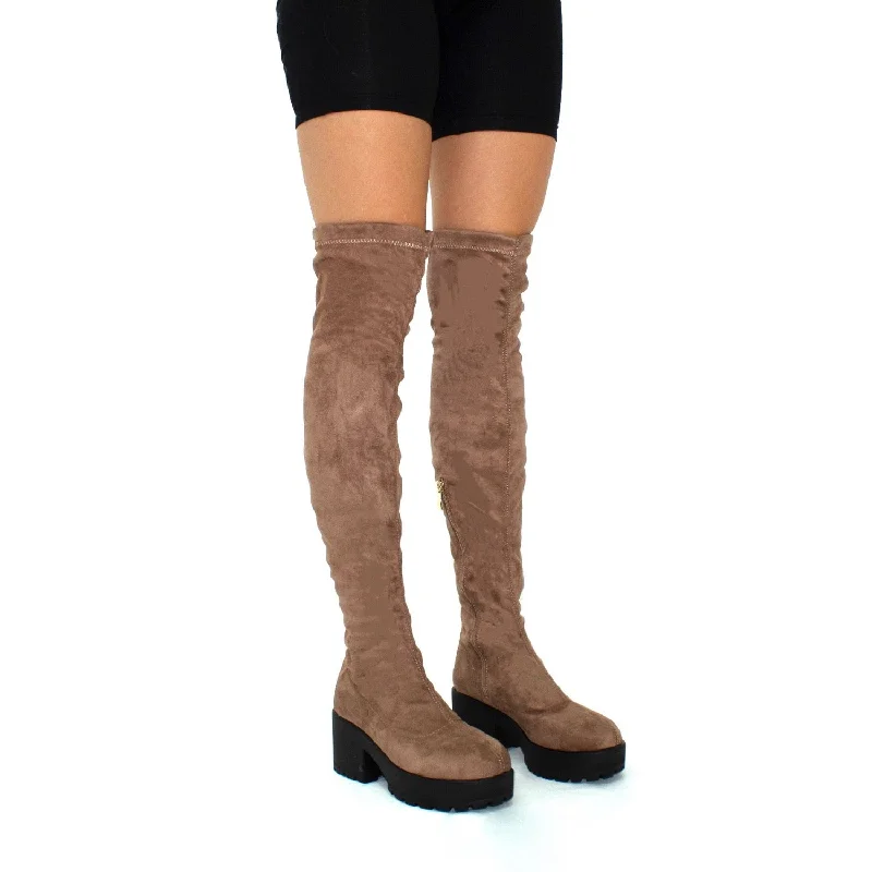 women's heeled boots for wide calvesElise- Mocha Faux Suede with Black Sole Zip Up Thigh High Boots women's heeled boots for wide calvesElise- Mocha Faux Suede with Black Sole Zip Up Thigh High Boots