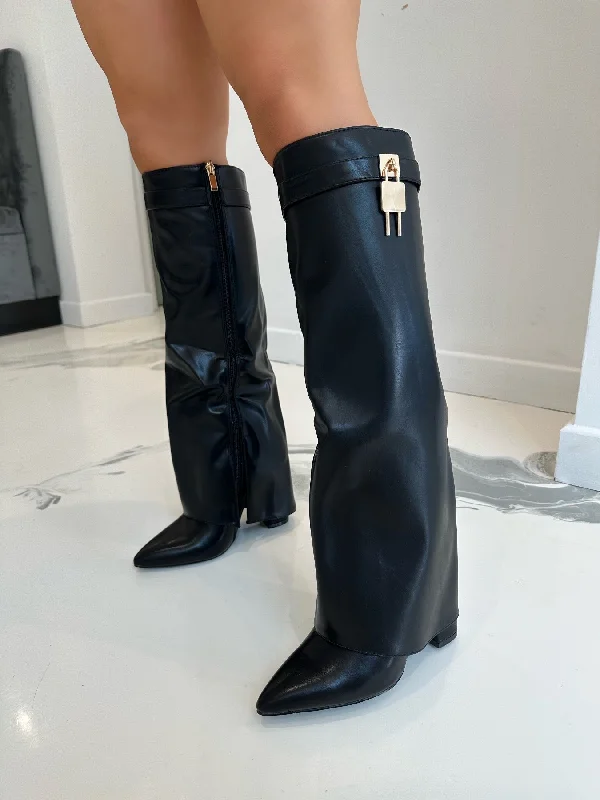 women's heeled boots with embroideryElisha - Black Faux Leather Lock Detail Knee High Block Heel Boots women's heeled boots with embroideryElisha - Black Faux Leather Lock Detail Knee High Block Heel Boots
