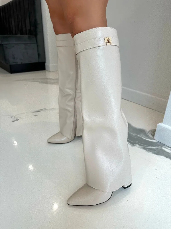 women's heeled boots for curvy figuresElisha - Cream Faux Leather Lock Detail Knee High Block Heel Boots women's heeled boots for curvy figuresElisha - Cream Faux Leather Lock Detail Knee High Block Heel Boots