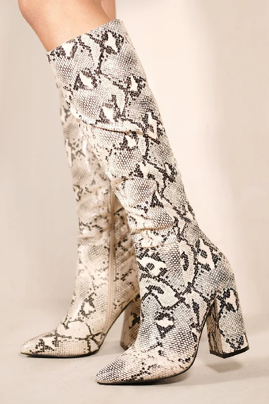 women's heeled boots with slouchCOLETTER BLOCK HEEL CALF HIGH BOOTS WITH POINTED TOE & SIDE ZIP IN NATURAL SNAKE women's heeled boots with slouchCOLETTER BLOCK HEEL CALF HIGH BOOTS WITH POINTED TOE & SIDE ZIP IN NATURAL SNAKE