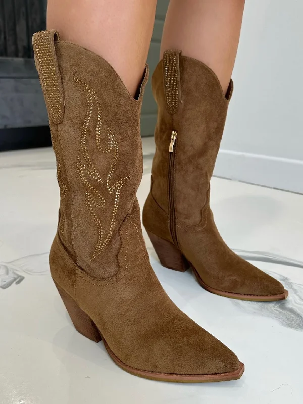 women's high-heeled bootsJolene - Tan Faux Suede Blingy Mid - Calf Heeled Cow Bow Boots women's high-heeled bootsJolene - Tan Faux Suede Blingy Mid - Calf Heeled Cow Bow Boots
