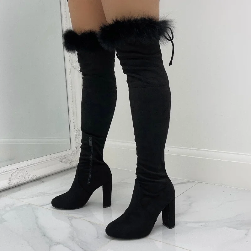 women's heeled boots for workKaitlyn - Black Faux Suede with Fur Trim Over The Knee Tie Up Block Heel Boots women's heeled boots for workKaitlyn - Black Faux Suede with Fur Trim Over The Knee Tie Up Block Heel Boots