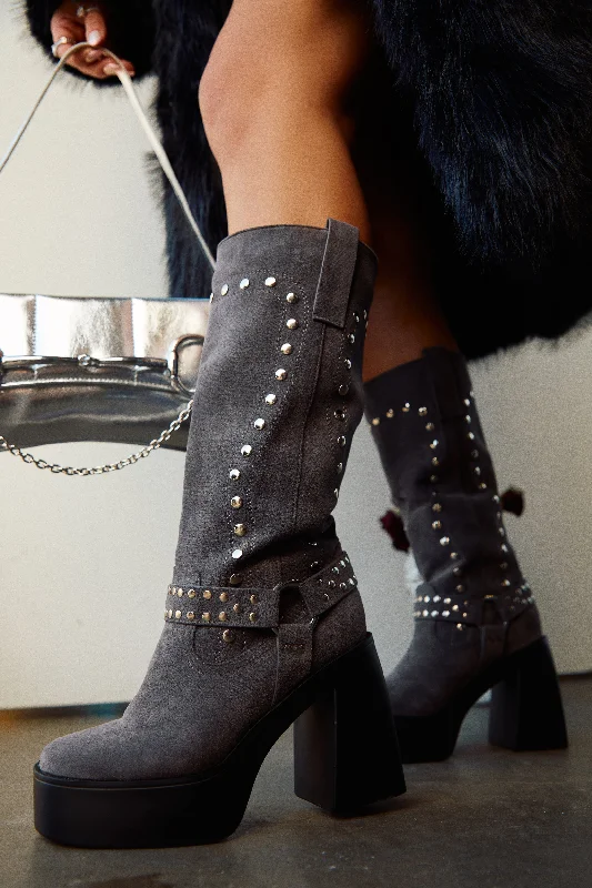 women's booties with velvetKamari Block Heel Moto Boots - Grey
