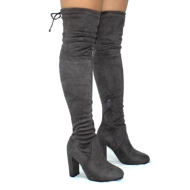 women's heeled boots for outdoor eventsKendall - Grey Faux Suede Over The Knee Tie Up Block Heel Boots women's heeled boots for outdoor eventsKendall - Grey Faux Suede Over The Knee Tie Up Block Heel Boots
