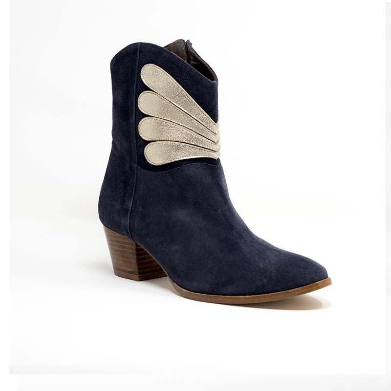 women's heeled boots for wide calvesPatricia Blanchet Princesse Navy Suede and Gold Leather Ankle Boots women's heeled boots for wide calvesPatricia Blanchet Princesse Navy Suede and Gold Leather Ankle Boots