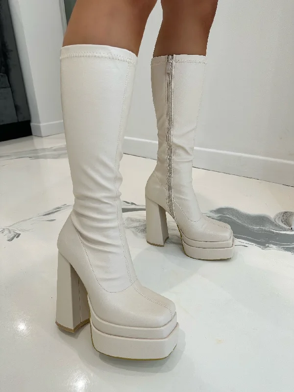women's heeled combat bootsPatricia - Cream Faux Leather Square Toe Mid Length Boots women's heeled combat bootsPatricia - Cream Faux Leather Square Toe Mid Length Boots