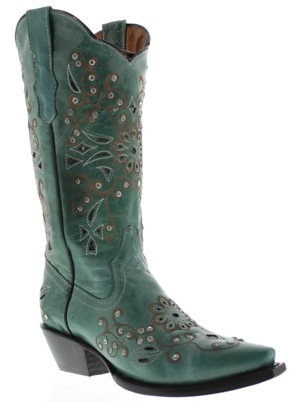 stylish women's cowboy bootsWomens 720 Turquoise Leather Cowboy Boots Rhinestones - Snip Toe stylish women's cowboy bootsWomens 720 Turquoise Leather Cowboy Boots Rhinestones - Snip Toe